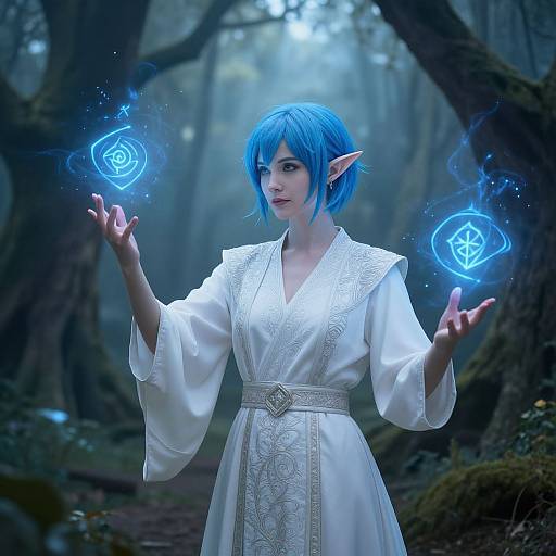 Digital artwork of a blue-haired elf woman with pointed ears, wearing a white, ornate robe, conjuring blue magical runes in a misty forest
