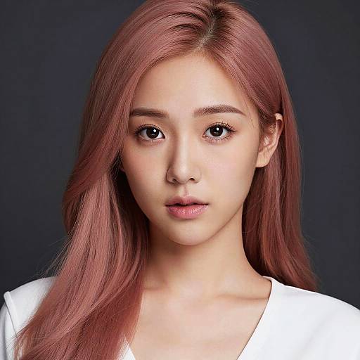 Photograph of an Asian woman with light pink, straight hair, wearing a white top, against a dark background, looking directly at the camera with a