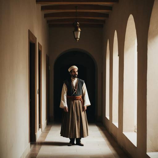 Man in Traditional Middle Eastern Clothing in Corridor