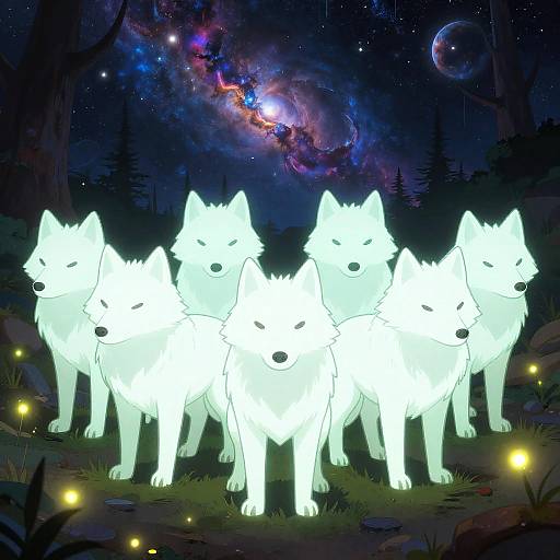 Glowing Phantom Wolves in Cosmic Forest