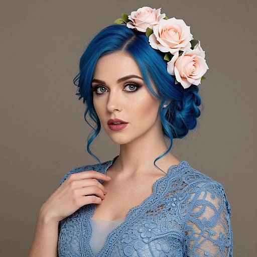 Blue-Haired Woman in Floral Lace Dress