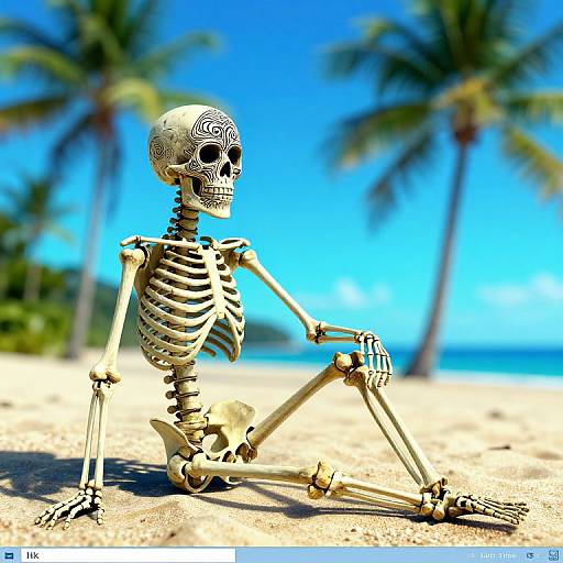 Photograph of a detailed, decorative skeleton with intricate skull patterns, sitting on a sunlit beach with blurred palm trees and a vibrant blue sky in the