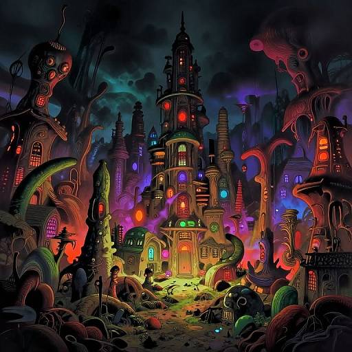 Vibrant, surreal digital artwork of a neon-lit, twisted cityscape with alien-like buildings, colorful lights, and eerie, tentacle-like