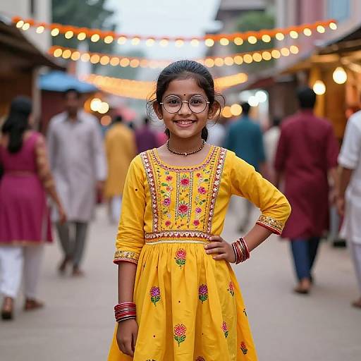 Photograph of a smiling Indian girl with dark hair in a yellow traditional dress, adorned with red and green embroidery, standing in a busy, string-l