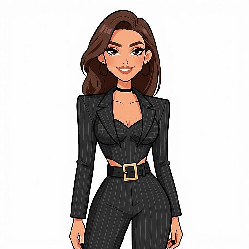 Digital illustration of a smiling woman with long brown hair, wearing a black pinstripe suit with a deep V-neck, belt, and earrings, standing