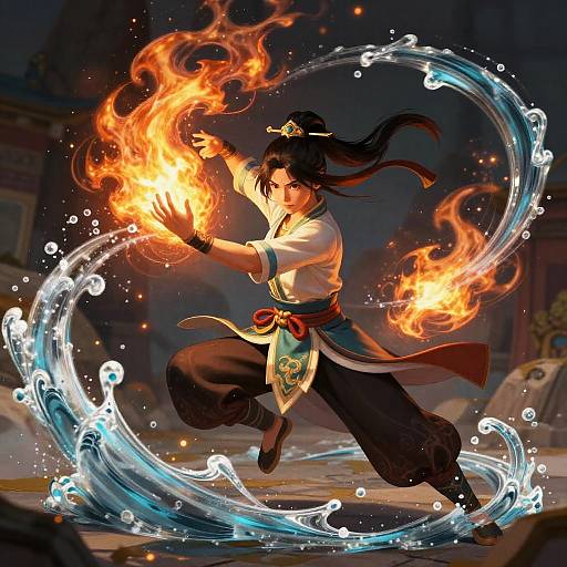 Digital artwork of a martial artist with black hair in a ponytail, wearing a white and blue kimono, summoning fire within a swirling water circle