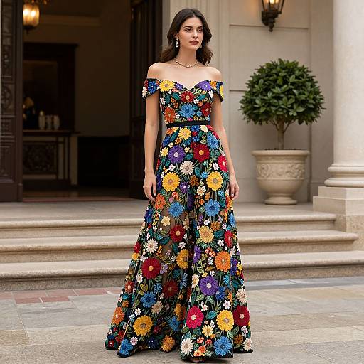 Photograph of a woman with medium brown skin and dark brown hair, wearing an off-shoulder, colorful floral dress, standing outside a building with