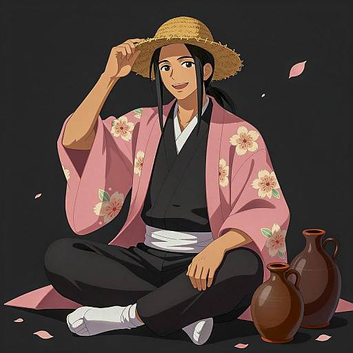Male Anime Character in Floral Kimono and Straw Hat