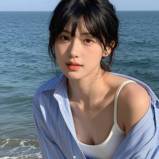 Serene Asian Woman by the Ocean