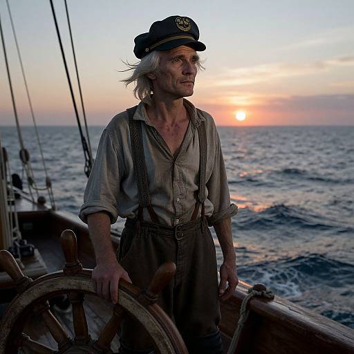 Photograph of an older white man with gray hair, wearing a captain's hat and nautical shirt, standing on a ship at sunset with the ocean
