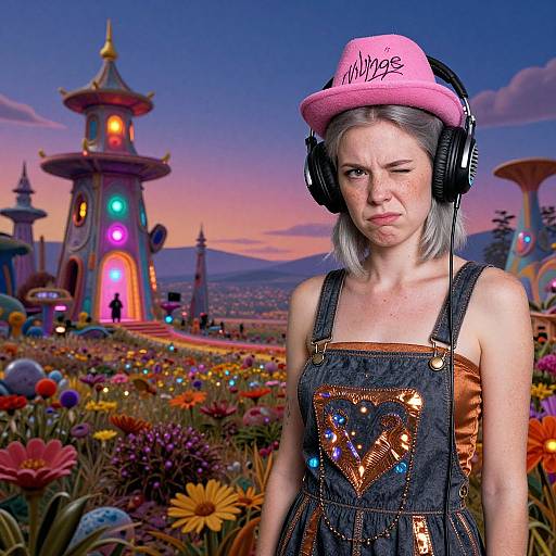 Photorealistic digital artwork of a gray-haired woman in a pink 