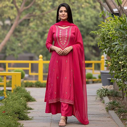 Photograph of a South Asian woman with long black hair in a vibrant red traditional Pakistani kameez, standing on a garden path with yellow railings