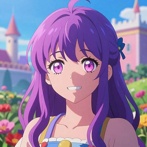 Anime-style digital drawing of a smiling girl with long purple hair, pink eyes, wearing a white sundress, set against a colorful garden and castle backdrop