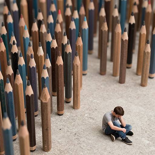 Photograph of a sad man sitting alone on concrete, surrounded by numerous upright, colored and brown pencils, creating a stark, isolated atmosphere.