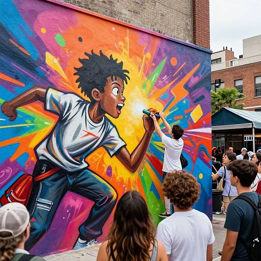 Vibrant street mural of a surprised Black boy with spiky hair painting explosive rainbow background, surrounded by curious onlookers.