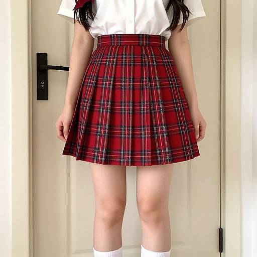 Girl in Red Plaid Skirt by Door