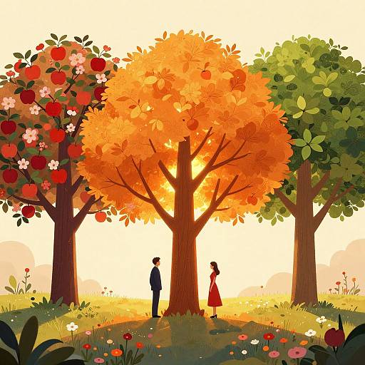 Digital illustration of a sunlit forest with three trees: red-and-white apple, bright orange, and green. Silhouetted man and woman stand