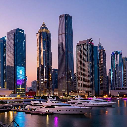 Photograph of a vibrant city skyline at dusk, featuring tall, illuminated skyscrapers and a marina with white yachts in the foreground.