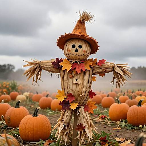 Autumn Scarecrow in Pumpkin Patch