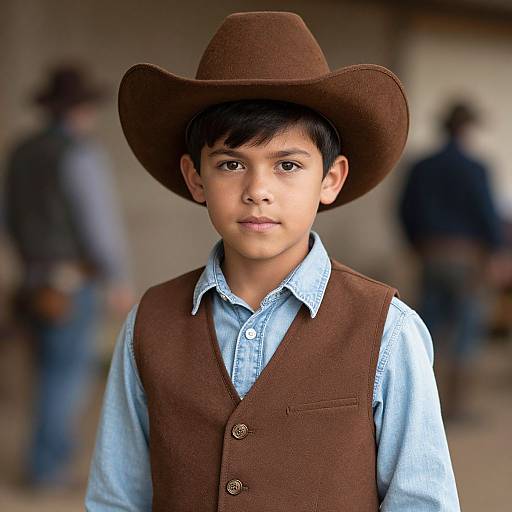 Photograph of a young boy with medium brown skin, black hair, wearing a brown cowboy hat, blue denim shirt, and brown vest, standing in