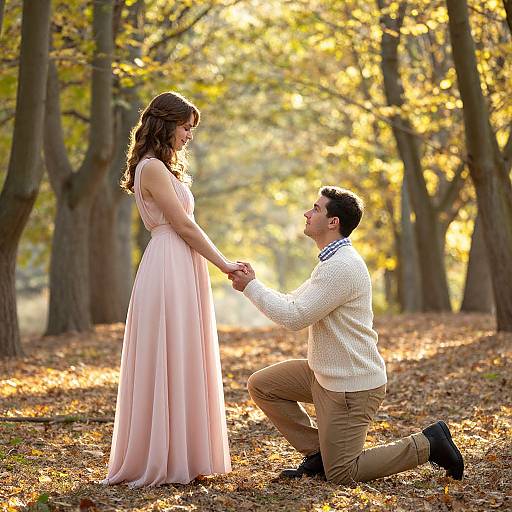 Photograph of a couple in a sunlit autumn forest; man in white sweater and brown pants kneels, holding woman's hand in pink dress.
