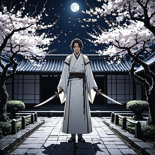 Anime Assassin in Moonlit Courtyard