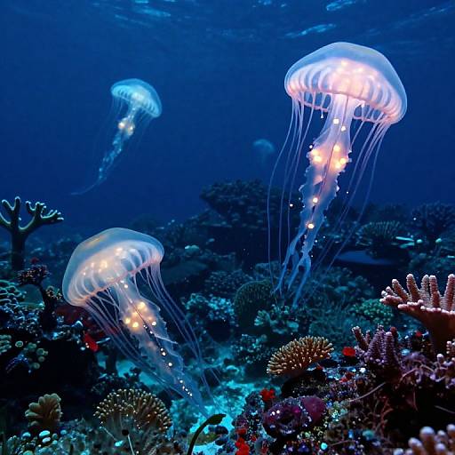 Photograph of three glowing, translucent jellyfish with bright orange centers, floating above a vibrant, colorful coral reef in a deep blue ocean.