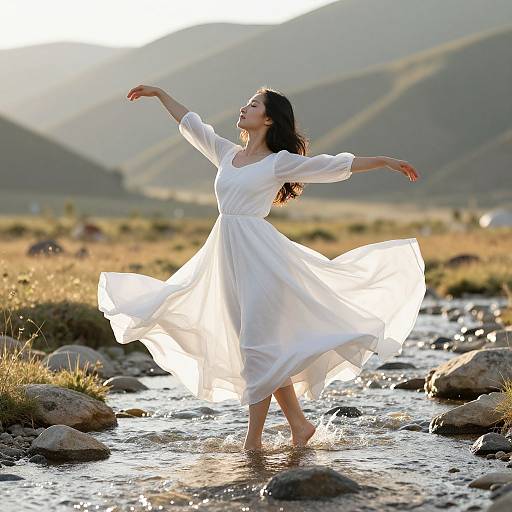 Photograph of a smiling Asian woman in a flowing white dress dancing in a rocky stream with sunlit mountains in the background.