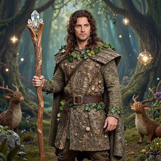 Photograph-style CGI of a muscular man with long brown hair, wearing a leaf-adorned, brown medieval tunic, holding a crystal-topped