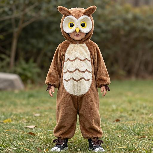 Photograph of a young child in a brown owl costume with white chest, standing on grass, wearing black shoes, in a forest background.