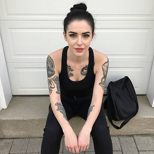 Tattooed Woman Sitting on Concrete Step