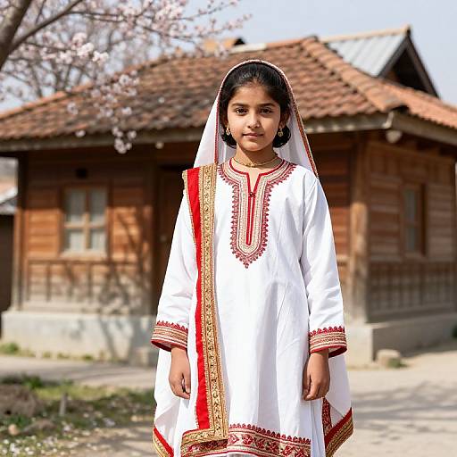 Photograph of a young Indian girl in a traditional white and red embroidered salwar kameez, standing in front of a wooden house with cherry bloss