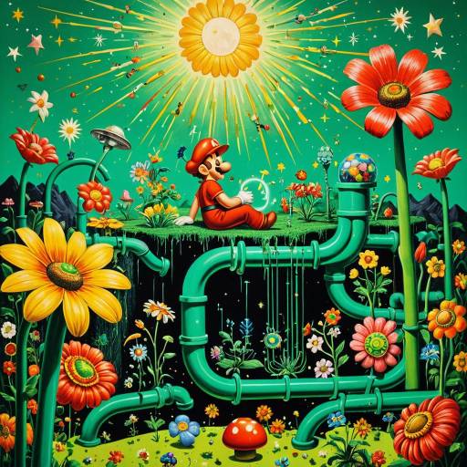 Surreal Mario World with Giant Flowers and Green Pipes