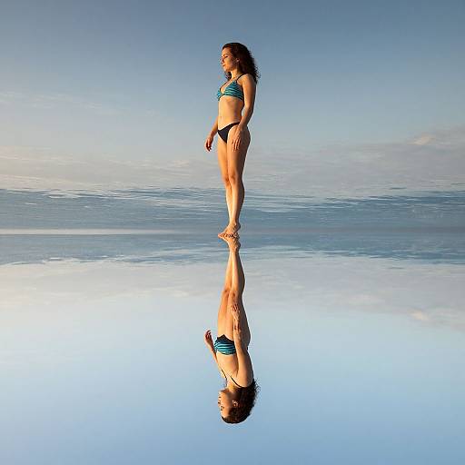 Photograph of a curly-haired woman in a striped bikini standing on a reflective, mirror-like surface under a clear blue sky.