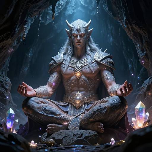 Digital art of a muscular, dark-skinned demon warrior with silver horns, seated in lotus position, adorned in intricate armor, meditating in a