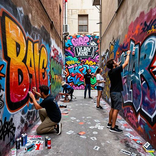 Photograph: Four graffiti artists in a narrow alley, painting vibrant, colorful graffiti on brick walls. Bright tags and bold letters cover the walls, with