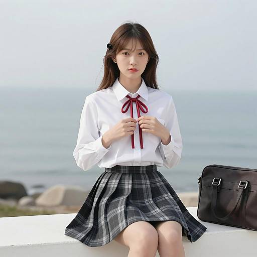 Serene Asian Woman in Stylish Outfit