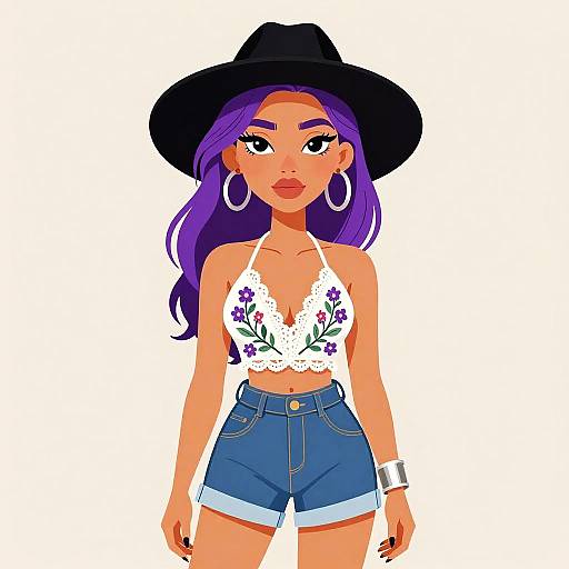 Digital illustration of a confident woman with purple hair, wearing a black hat, white lace crop top, blue high-waist shorts, and large hoop