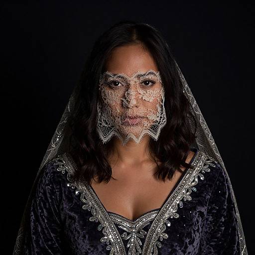 Photograph of a woman with medium brown skin and black hair, wearing an ornate silver-embellished black velvet dress and lace veil, against