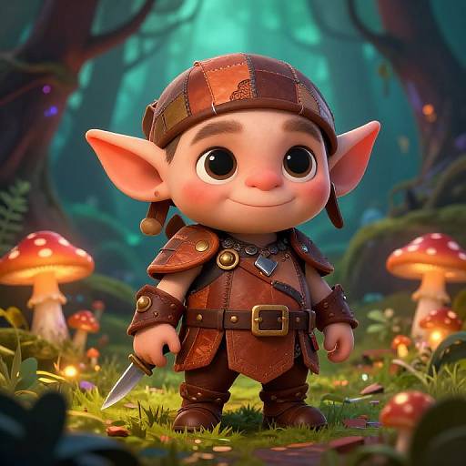 Cute, chibi-style goblin in brown leather armor with a helmet, holding a knife, standing in a glowing forest with glowing mushrooms. Digital