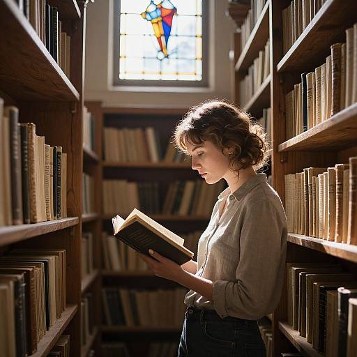 Photograph of a curly-haired woman in a beige blouse, reading a book in a sunlit, narrow library aisle, surrounded by wooden bookshelves