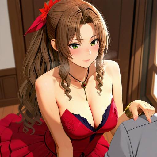 Illustration of Aerith gainsborough (red dress), final fantasy in the style of Jellytits-7
