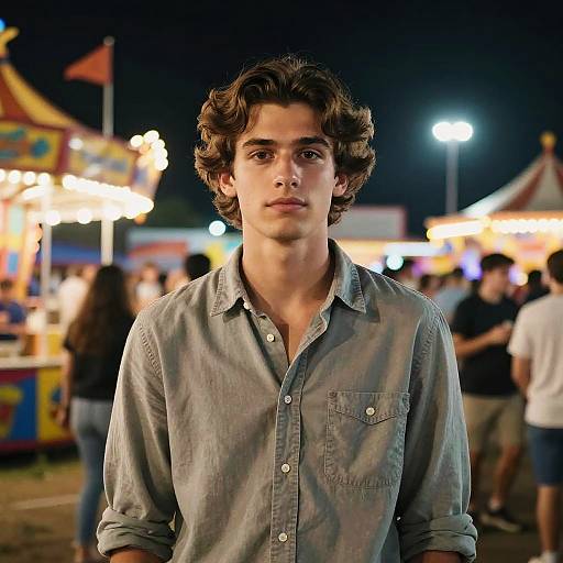 Photograph of a young man with curly brown hair, wearing a gray button-down shirt, standing in a brightly lit, nighttime carnival with colorful food stalls