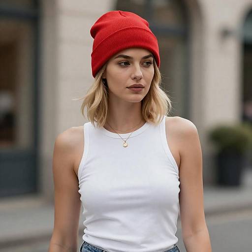 Blonde Woman in Red Beanie Outdoors