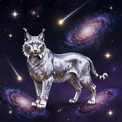 Digital artwork of a silver, glowing lynx standing in a starry, cosmic background with colorful galaxies and shooting stars.