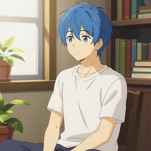 Anime-style digital drawing of a blue-haired teenage boy with blue eyes, wearing a white t-shirt, seated in a sunlit room with a bookshelf