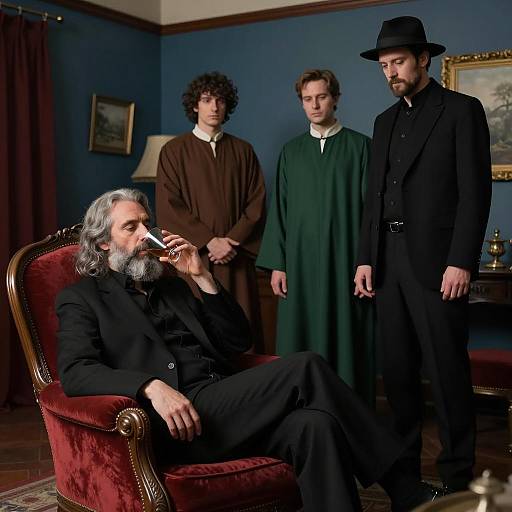 Men in vintage room with drinks and robes