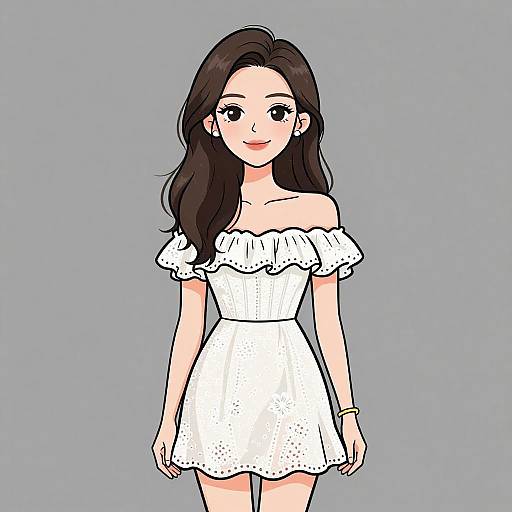 Digital anime-style illustration of a smiling young woman with long dark hair, wearing an off-shoulder white dress with ruffled sleeves, against a plain
