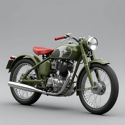 Photograph of a vintage green motorcycle with a red seat, chrome engine, and silver exhaust, set against a plain gray background.