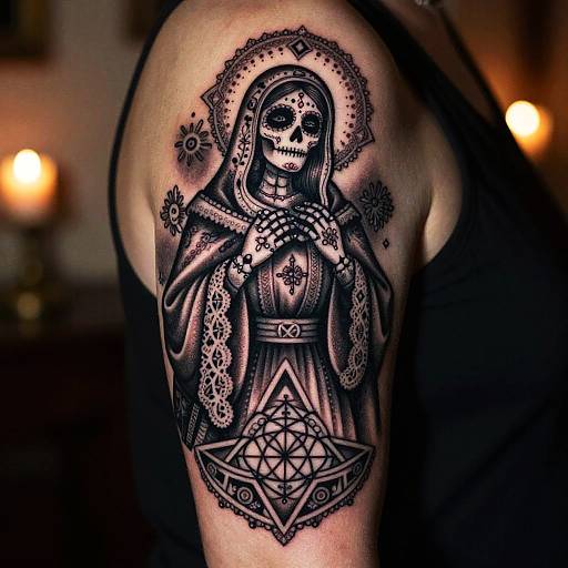 Black ink tattoo on a person's upper arm of a skeletal, robed, praying figure with a halo, surrounded by flowers and a pentagram.